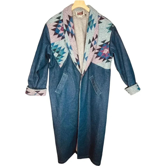 Vintage Warm Springs Clothing Co Women's Denim, Teal, & Purple Aztec Trench Coat - Picture 1 of 14